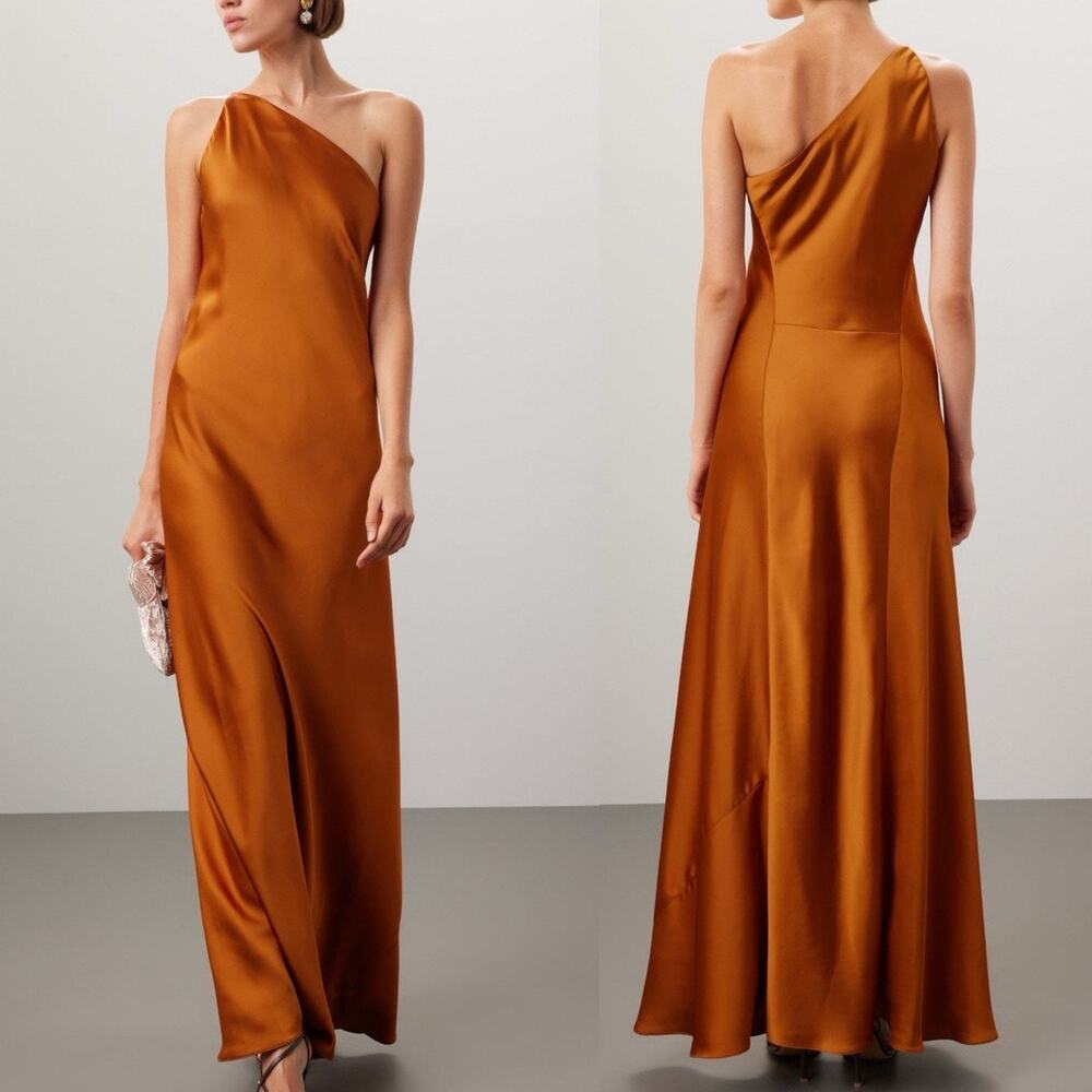 Obando Burnt Orange Satin One Shoulder Slip Cocktail Evening Wedding Guest Gown